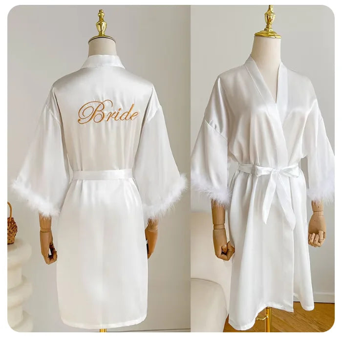 White Bride Wedding Robe with Feathers Women Satin Peignoir Sexy Bridesmids Kimono Gowns Short Bathrobe Bridal Intimate Lingerie - Matrix-studios.com