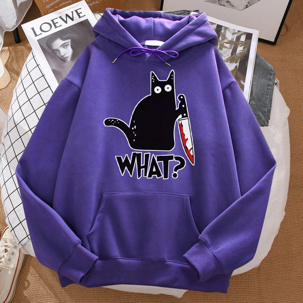 What Cute Little Black Cat Holding A Knife Men Hoodie Street Fleece Hoody Hipster Autumn Sweatshirt Hip Hop Clothing Woman - Matrix Studios