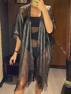 Gold Crochet Cover Up Women Sun Protective Beach Shirt Sheer Mesh Tunic with Shiny Tassel Trim Resort Wear Swimwear Cover Ups - Matrix Studios