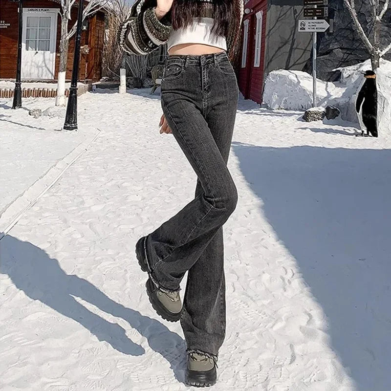 2024 Woman High Waist Vintage Flare Jeans Female Gothic Elastic Bell Bottom Pants Lady Streetwear Blue Black Grey Denim Trousers - Matrix-studios.com