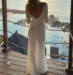 Yiiciovy Sexy Women Long Knit Beach Dress Hollow-Out Deep V-Neck Long Sleeve Bikini Cover-Ups Dress Fall Backless Holiday Dress - Matrix Studios
