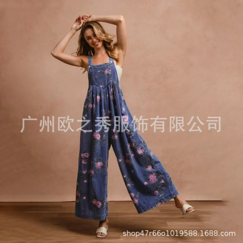 Denim Floral Print Trendy Sleeveless Jumpsuits for Women Rompers Festival Outfit Loose Overalls Pleated Pockets Long Pants - Matrix Studios
