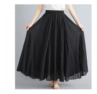 28-Color Mori Girl Literary Cotton Linen Dress Elastic Waist A-line Expansion Skirt Solid Color Ethnic Style Women Long Skirts - Matrix-studios.com