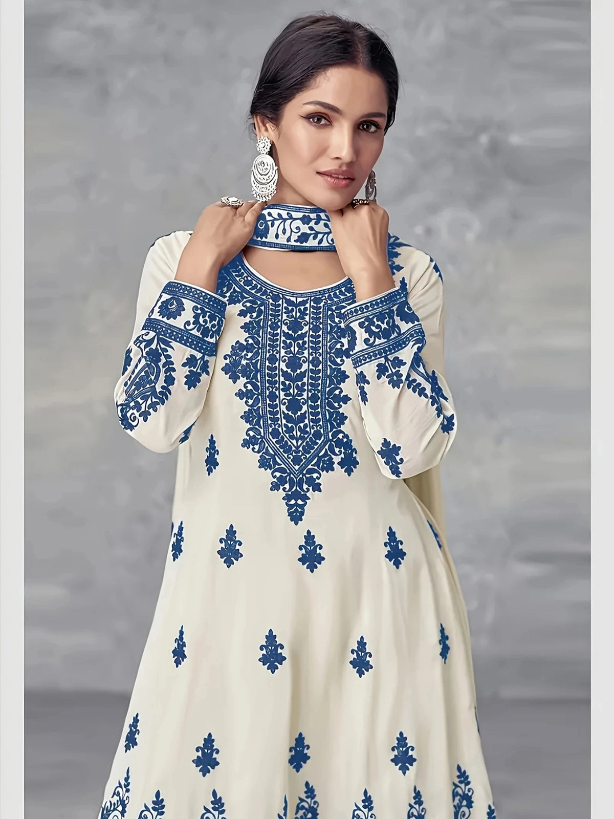 Plus Size Women's Off-White and Black Printed Three-Piece Set Ethnic Style Crew Neck Long Top Wide-Leg Pants and Headscarf Set - Matrix-studios.com