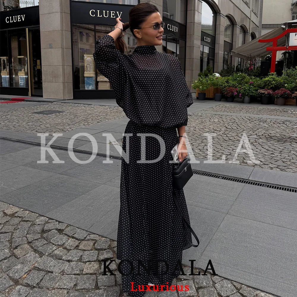 KONDALA Vintage Polka Dot Women Sets Chiffon Bow Tie Loose Blouses Loose Long Skirts Fashion 2026 Spring Summer Holiday Suits - Matrix-studios.com