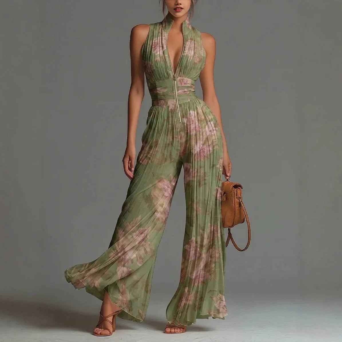 Women Elegant Chiffon Sleeveless Jumpsuit High Waist Pleated Flowy Wide Leg One Piece Overalls Holiday Casual Streetwear Rompers - Matrix Studios