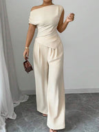 Elegant Pure Color Ladies Asymmetric Top And Wide Leg Pants 2-Piece Set for Commuting Casual Vacations Fashionable New Arrival - Matrix-studios.com