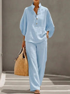 Fashion Cotton Linen  Pant Set  Women's Casual Stand Collar Button Top Wide Leg Trousers 2-piece Set Retro Female Office Suit - Matrix-studios.com