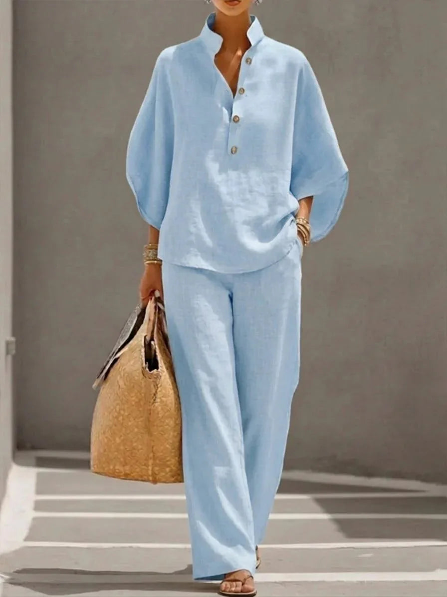 Fashion Cotton Linen  Pant Set  Women's Casual Stand Collar Button Top Wide Leg Trousers 2-piece Set Retro Female Office Suit - Matrix-studios.com
