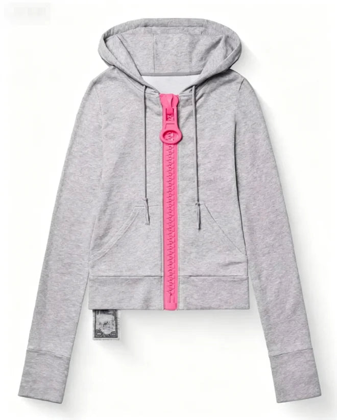 New Y2K American-style women's solid color large zipper loose cropped color-block hoodie fashionable street Harajuku style - Matrix Studios