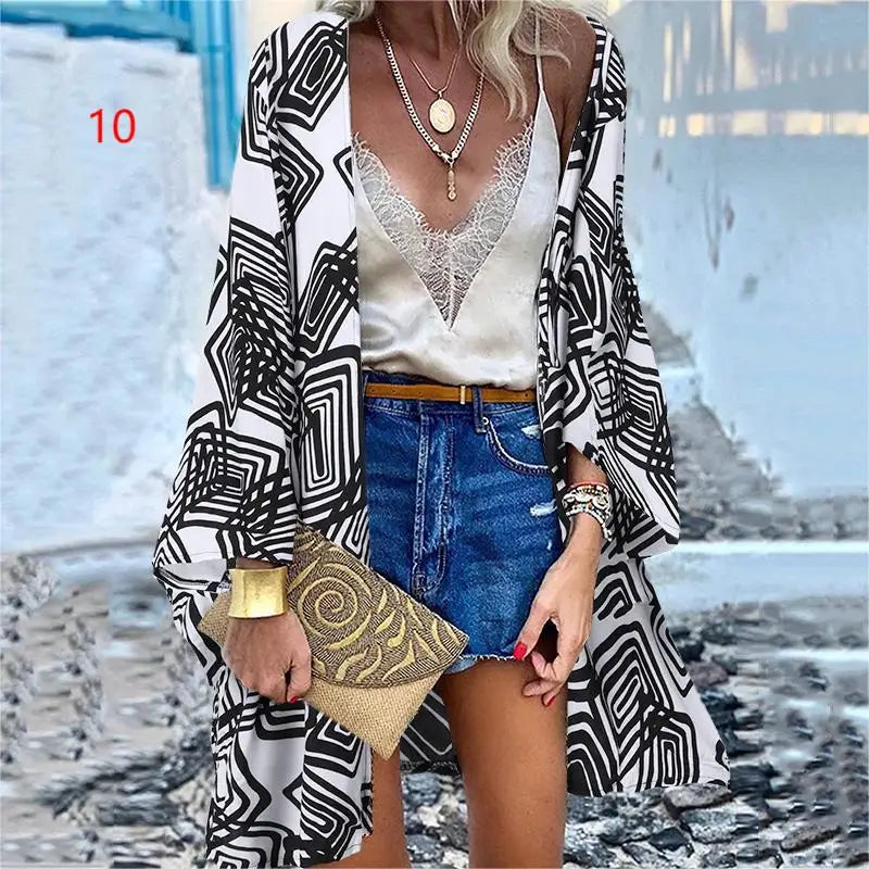 WeHello 2023 Summer Bohemian Casual Cloak Cardigan for Swimsuit woman Beach Swimwear Tops Long Sleeved Shawl Chiffon Shirt - Matrix Studios