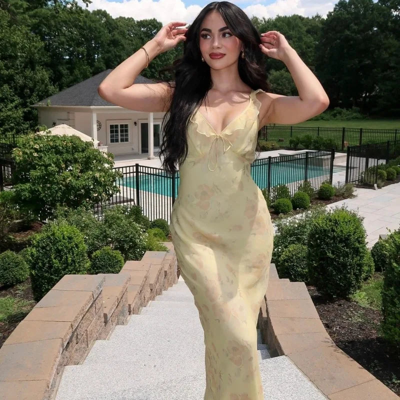 Cryptographic Summer Floral Print Plunge Maxi Dress Outfits Sexy Backless Fairy Sun Dresses Vacation Beachwear Vestido Coquette - Matrix-studios.com