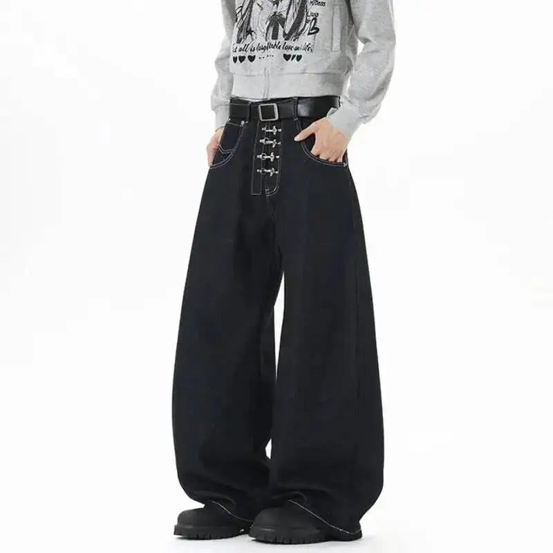 IEFB Korean Style Men's Jeans Solid Color Metal Buckle Casual Streetwear Straight Wide Leg Loose Male Denim Pants Fashion 9X270 - Matrix Studios