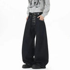 IEFB Korean Style Men's Jeans Solid Color Metal Buckle Casual Streetwear Straight Wide Leg Loose Male Denim Pants Fashion 9X270 - Matrix Studios
