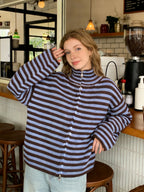 2026 New Spring Striped Loose Knit Cardigans Women Casual Turtleneck Zip-up Pink Sweater Coat Women Knitwear Streetwear - Matrix Studios
