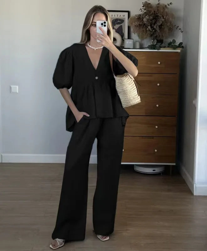 2025 New Women Solid Color V-Neck Bubble Short-Sleeved Trousers Suit Summer Women Short T-Shirt Top + Long Pants Two Peice Sets - Matrix-studios.com