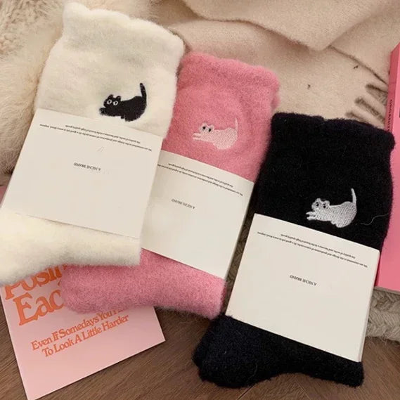 3Pairs Premium Feel Cute Cat Cozy Hairy Mink Velvet Socks Autumn Winter Hosiery Thickened Plush Warm Sleep Home Fluffy Socks - Matrix Studios