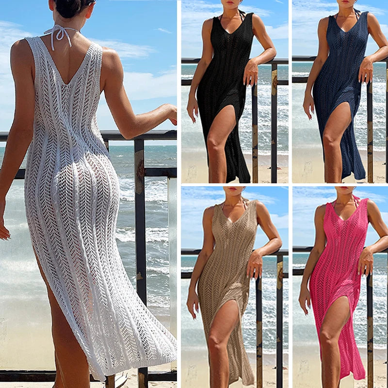 2024 Summer Ladies Vacation Hollow Out Robe Women Chic Solid Knitted Maxi Dress Fashion Sleeveless Sexy Beach Cover Up Dresses - Matrix Studios