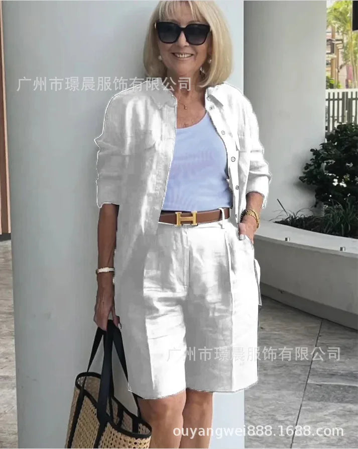 2026 Elegant 2-Piece Sets For Women Womens Cardigan Shirt Top Summer Solid Color Casual Shorts Two Piece New In Matching Sets - Matrix-studios.com