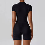 Women's Zipper Short-Sleeve Yoga Jumpsuit - Quick-Dry Breathable Tight Fitness Onesie for Gym Running Sportswear - Matrix Studios