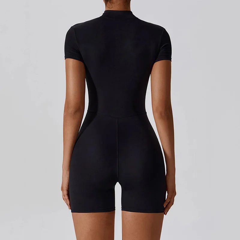 Women's Zipper Short-Sleeve Yoga Jumpsuit - Quick-Dry Breathable Tight Fitness Onesie for Gym Running Sportswear - Matrix Studios