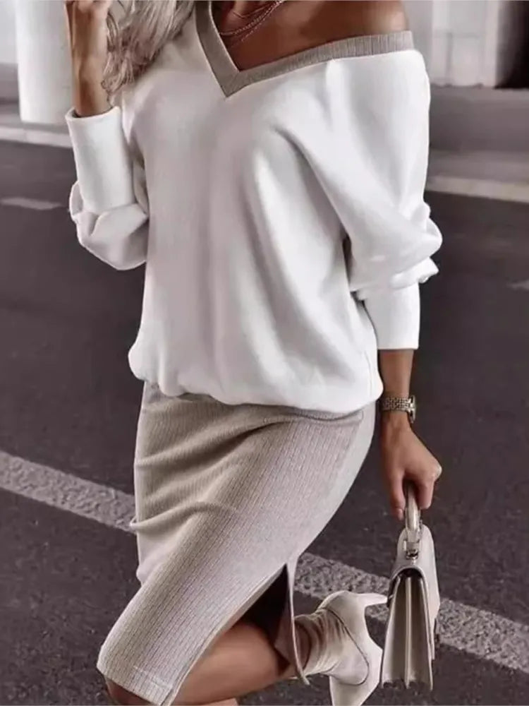Autumn Winter Casual Loose V-neck Sweatshirt Suit Women's Tight Skirt Long-sleeved Top Two-piece Set New Fashion Holiday Sets - Matrix-studios.com