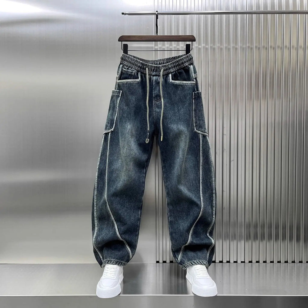 Spring Autumn 2025 New Splicing Cutting Elastic Waist Large Size Boys Washed Loose Wide Leg Big Pocket Scimitar Drawstring Jeans - Matrix Studios