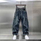 Spring Autumn 2025 New Splicing Cutting Elastic Waist Large Size Boys Washed Loose Wide Leg Big Pocket Scimitar Drawstring Jeans - Matrix Studios