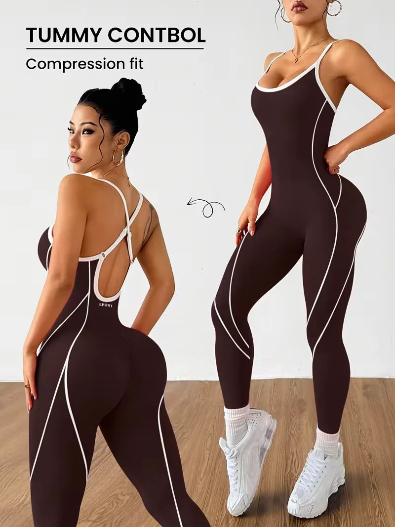 Women Contrast Piping Yoga Jumpsuit Thin Strap Open Back One Piece Workout Bodysuit High Elastic Slim Fitness Gym Sports Rompers - Matrix Studios