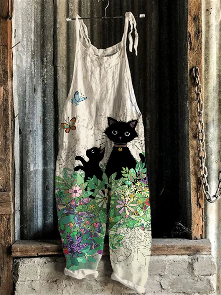 New Women Fun Cat Print Adjustable Strap Romper Autumn Wide Leg Romper Loose Casual Bib Overalls With Overalls Romper With Strap - Matrix Studios