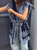 Tassel Patchwork Printed Cardigan Vest Women's Turn-down Collar Sleeveless Knitted Fashion Sweater Vintage 2025 Autumn Cardigans - Matrix Studios