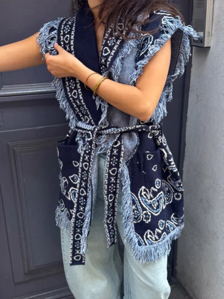 Tassel Patchwork Printed Cardigan Vest Women's Turn-down Collar Sleeveless Knitted Fashion Sweater Vintage 2025 Autumn Cardigans - Matrix Studios