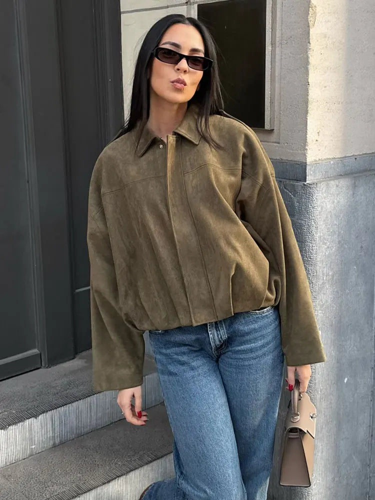 HH Women Brown Green Suede Jacket Loose Casual Bomber Coat Lapel Zipper Long Sleeve Jackets Vintage Lady Motorcycle Outwears - Matrix-studios.com