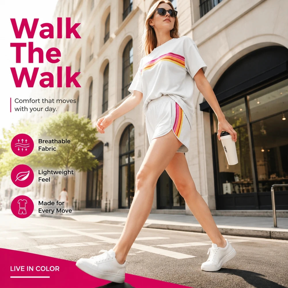 Women's Summer 2 Piece Outfits Short Sleeve Crew Neck T Shirt and Elastic Waist Shorts Set Retro Rainbow Striped Casual Beach Matching Set Relaxed Fit with Side Split for Vacation Travel Daily Spring Summer - Matrix-studios.com