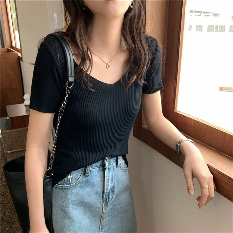 Basic V-neck Solid Thin Summer Pullover Women Female Knitted Ribbed Sweater Slim Short Sleeve Bodycon Sweater - Matrix Studios