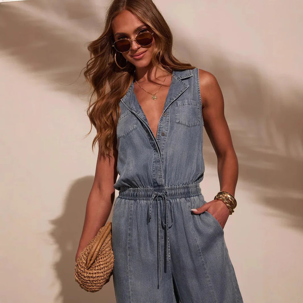 Women Jumpsuits Sleeveless Denim Pants One Piece Drawstring Pockets Rompers Solid Spliced Casual Button Jeans Overalls - Matrix Studios