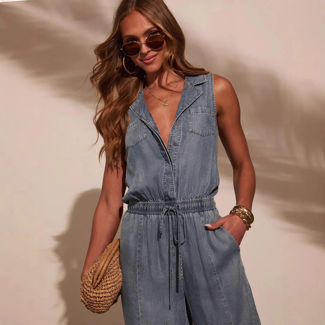 Women Jumpsuits Sleeveless Denim Pants One Piece Drawstring Pockets Rompers Solid Spliced Casual Button Jeans Overalls - Matrix Studios