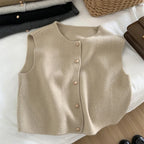 Women Sweater Vest Gold Button Up Waistcoat Soft Knitted Sleeveless Cardigan Jacket Top Fall Winter Korean Ladies Chic Outfit - Matrix Studios