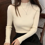 Autumn Winter Mock Neck Women Sweater Vintage Basic Solid Knitted Tops Casual Slim Pullover Korean Sweaters Simple Chic Jumpers - Matrix Studios