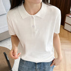 Summer 100% Pure Cotton Women's T-Shirt Casual Solid Color Knitted Pullover Short Sleeved Loose POLO Collar Tees Pull Vest Tops - Matrix-studios.com