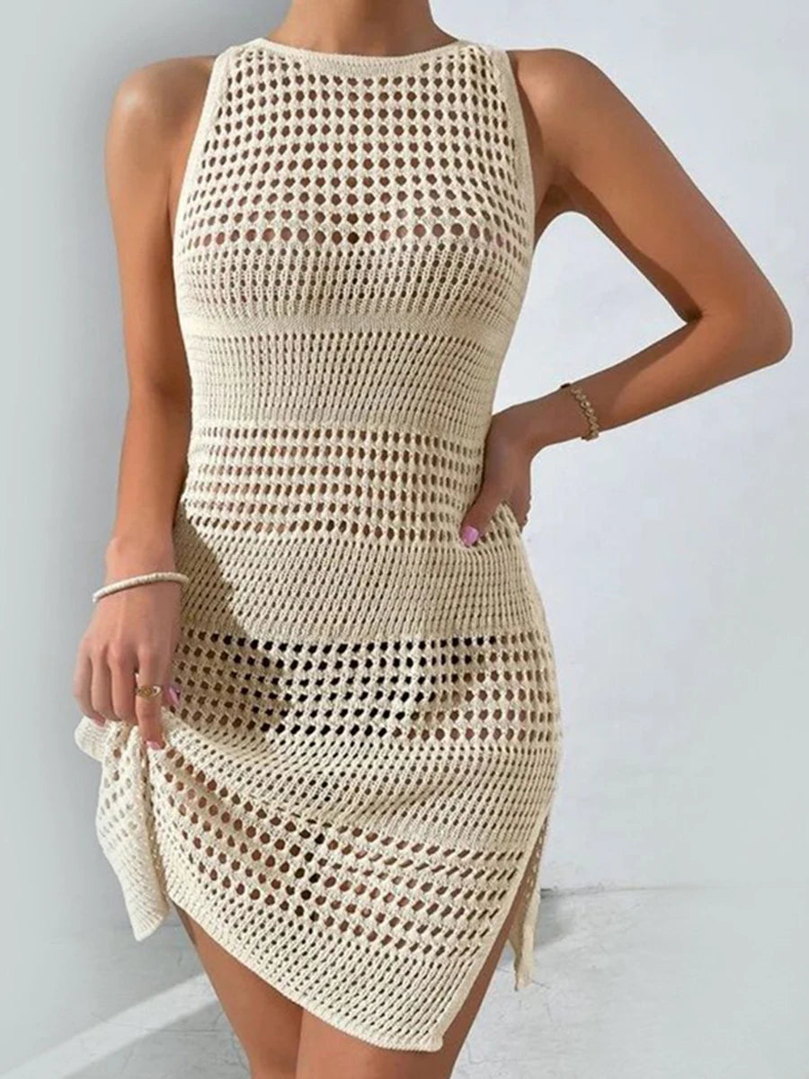 Hollow Out Side Slit Bikini Crochet Retro Cover Up 2026 Women Solid Beach Skirt Swim Dress Bathing Suit - Matrix Studios