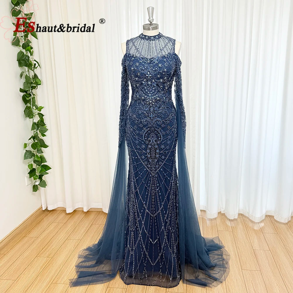 Eshaut&bridal Luxury Beaded Evening Dress Cape Sleeve Dubai Sheer Neck Mermaid Formal Prom Wedding Party Gown Customized 2026 - Matrix Studios