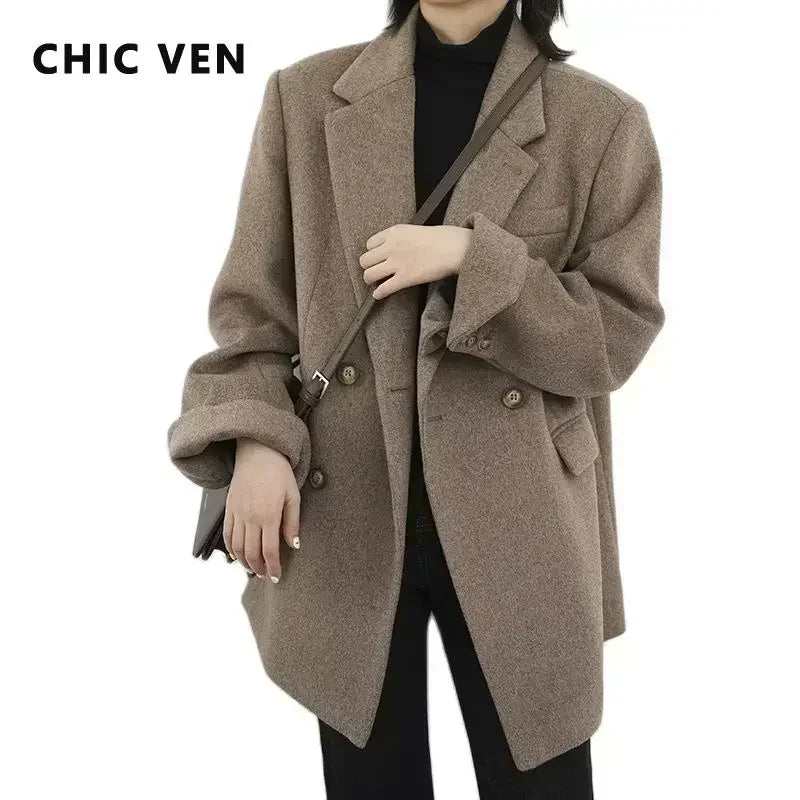 CHIC VEN Women Wool Blend Coat Solid Mid Long Woolen Blazer Thick Warm Blouse Women's Overcoat Office Lady Tops Autumn Winter - Matrix-studios.com
