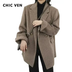 CHIC VEN Women Wool Blend Coat Solid Mid Long Woolen Blazer Thick Warm Blouse Women's Overcoat Office Lady Tops Autumn Winter - Matrix-studios.com