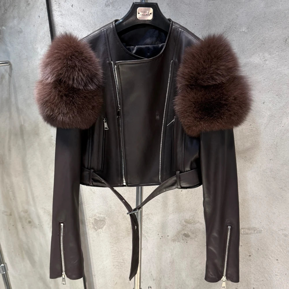 Leather Jacket Factory Ladies Short Leather Jacket Real Fox Fur Sleeve Coat Women Autumn 21001 - Matrix Studios