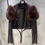 GO BALLISTIC YA Ladies' Genuine Leather Jacket with Fur Sleeve Women's Natural Lambskin Outfit - Matrix Studios