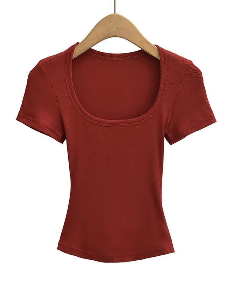 Square Collar High Stretch Summer Crop Tops Women Short Sleeve Tops Sexy Pullover Bottoming Blouses Slim T-shirt - Matrix-studios.com