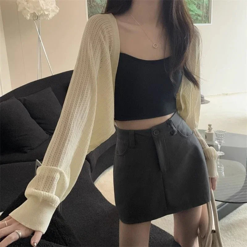 Fashion Hollow Out Sunscreen Cardigan Women Lantern Sleeve Thin Short Knitted Cardigans Woman Elegant Simple Crop Smock Top - Matrix Studios