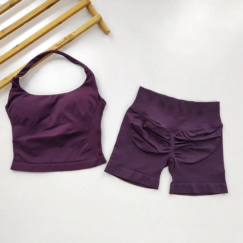 Yoga 2 Pieces Gym Set Women Backless Halter Tops High Waist Seamless Shorts Gym Suit Fitness Sports Bras Sportswear Workout Sets - Matrix-studios.com