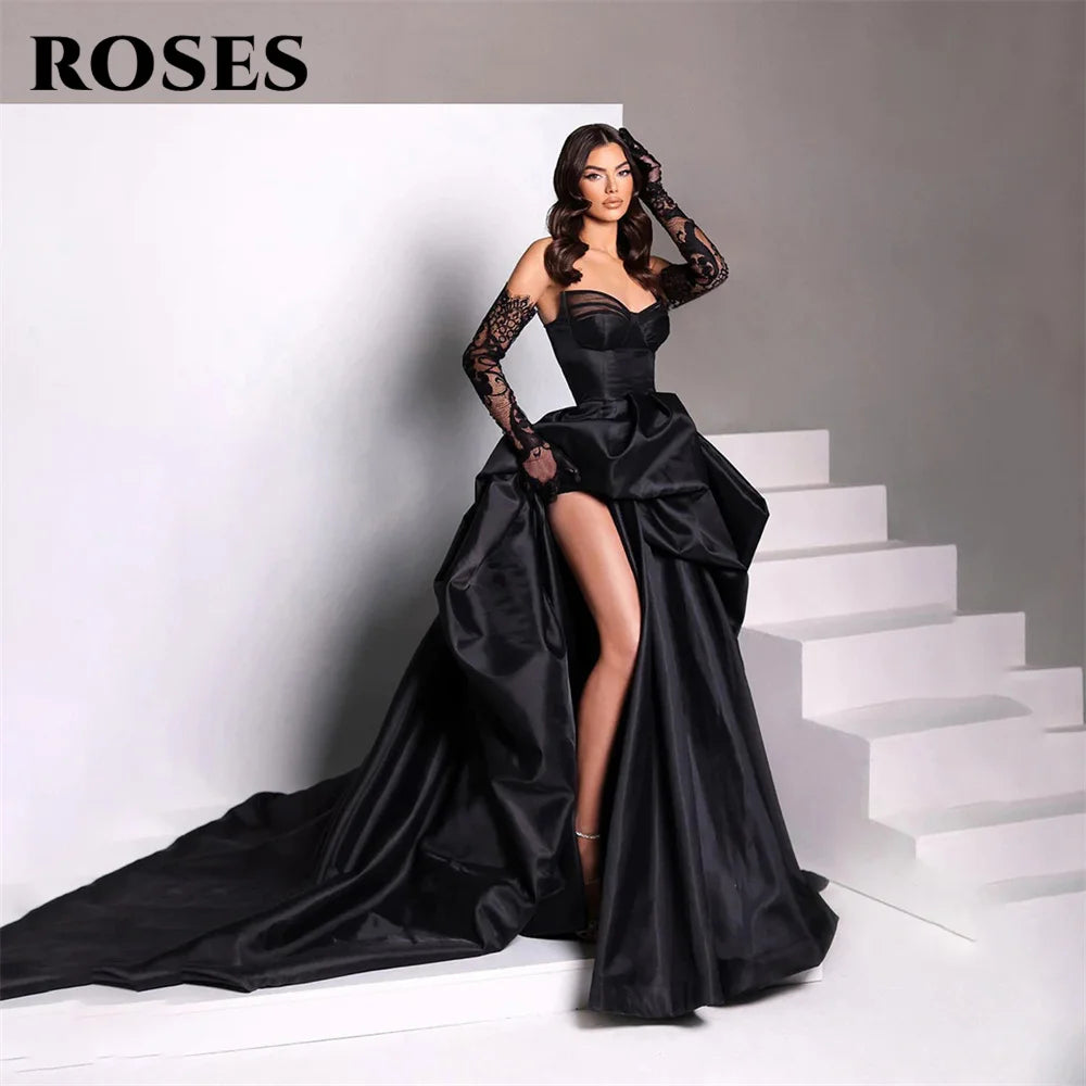 ROSES A Line Black Prom Dresses Sweetheart Stain Party Dresses Pleat Side Split robes du soir Sleeveless Wedding Darty Dresses - Matrix Studios